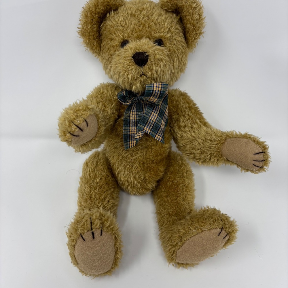 Vintage 1997 Heartfelt Collectibles Brown Plush Teddy Bear Plaid Bow 10 Inch